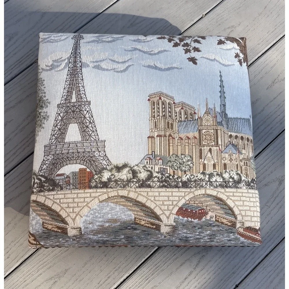 Vtg Wooden Footstool Paris Tapestry Fabric Cottagecore Décor Ottoman Button Legs
